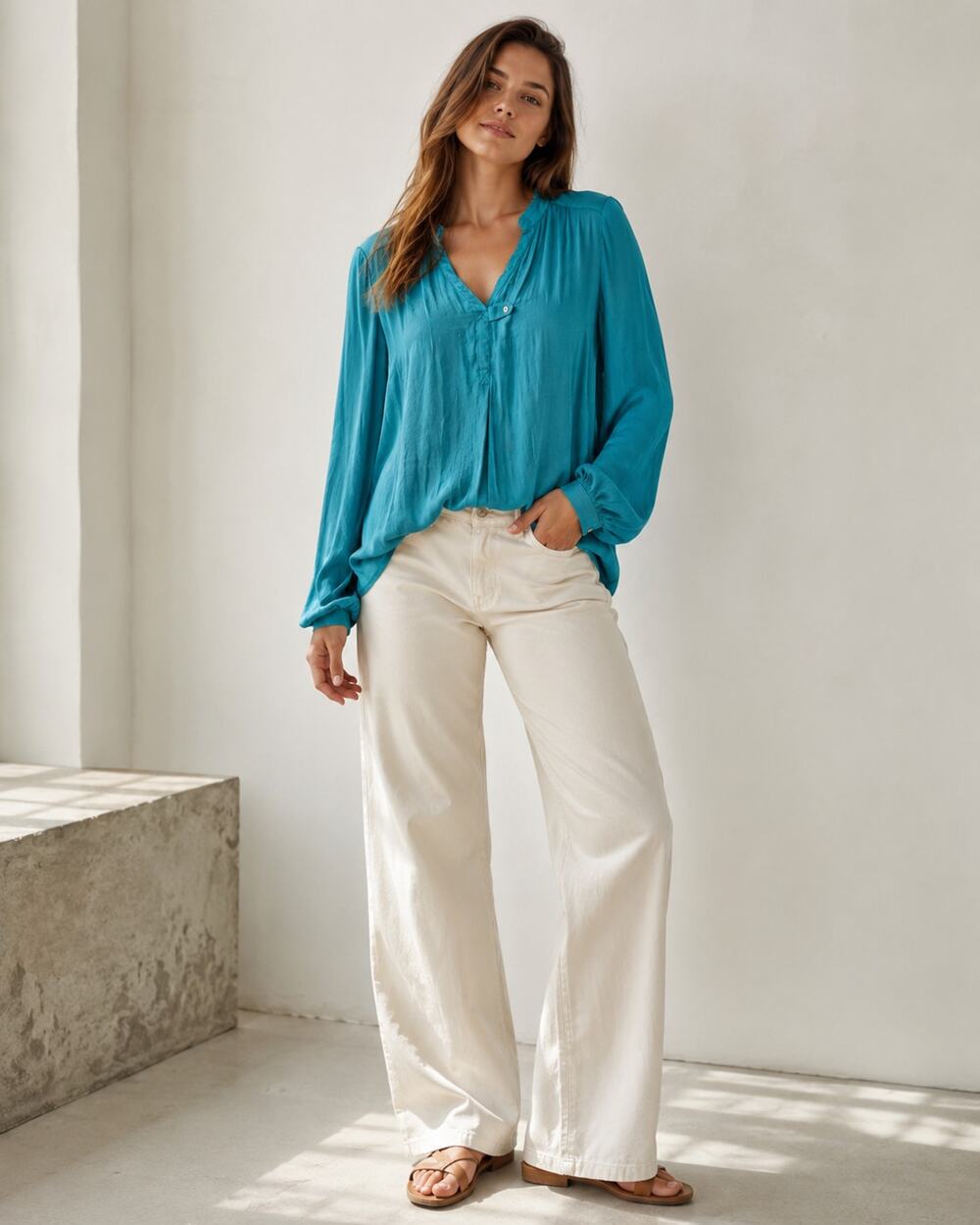 Dolan Anthropologie Teal Blue V Neck Blouse Womens M Boho Slouchy Shirt Top